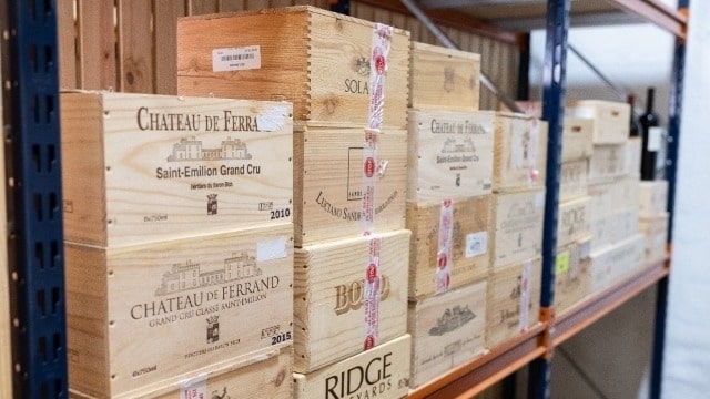 Wine boxes in storage