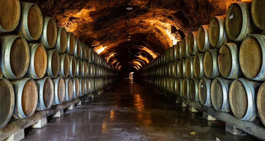 Wine barrels stored underground